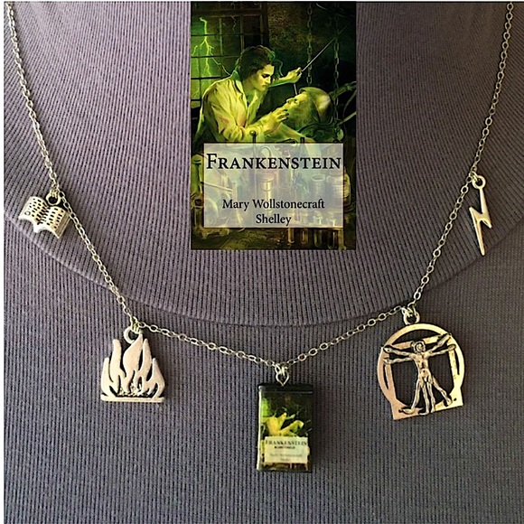 Hand Crafted Jewelry - Frankenstein by Mary Shelley Handmade Novel Literature Necklace, Book Cover Fire